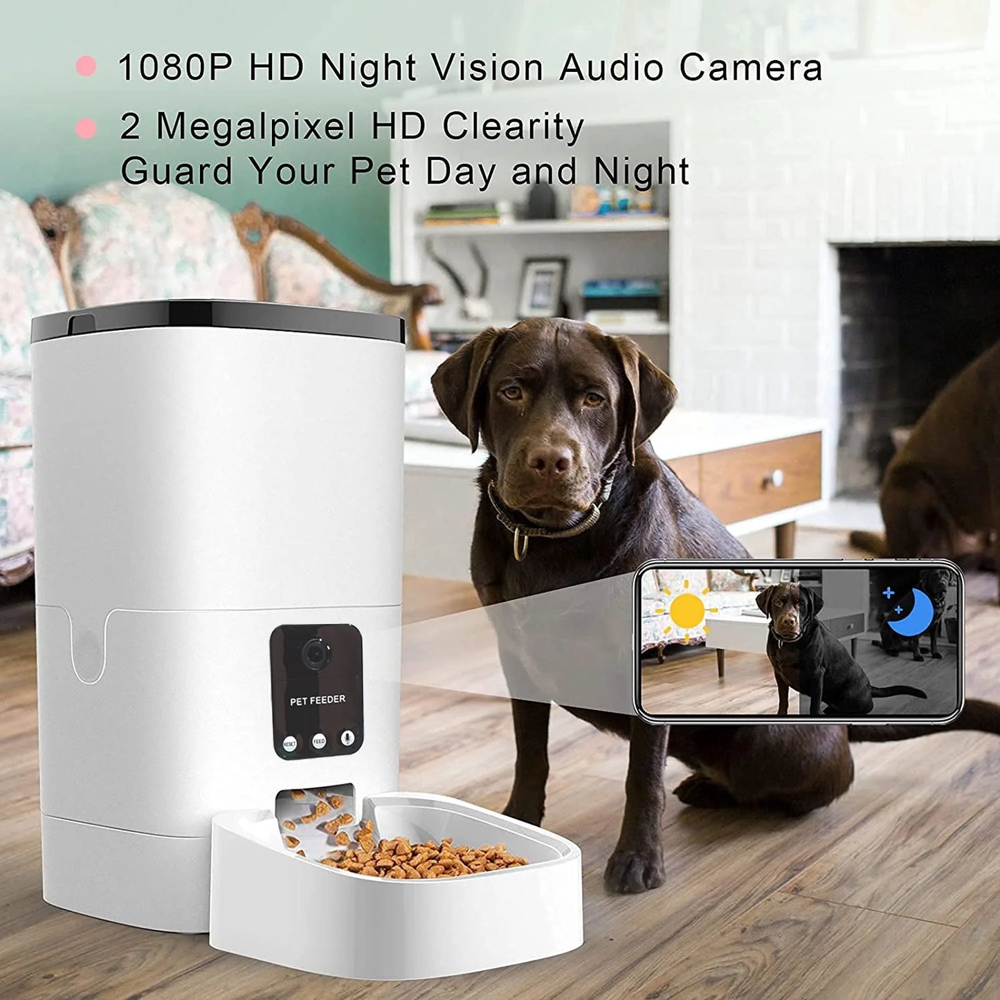 Automatic Pet Feeder 6L with 1080P Camera, App Control, Voice Recorder, and Dual Power Supply for Cats and Dogs