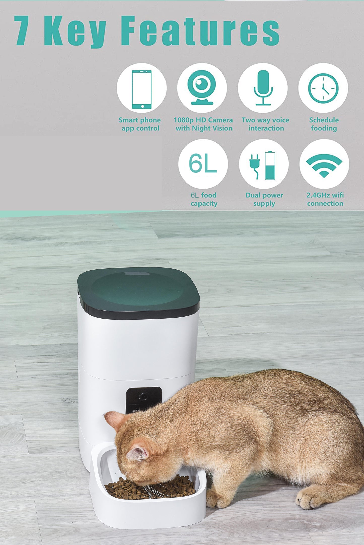 Automatic Pet Feeder 6L with 1080P Camera, App Control, Voice Recorder, and Dual Power Supply for Cats and Dogs