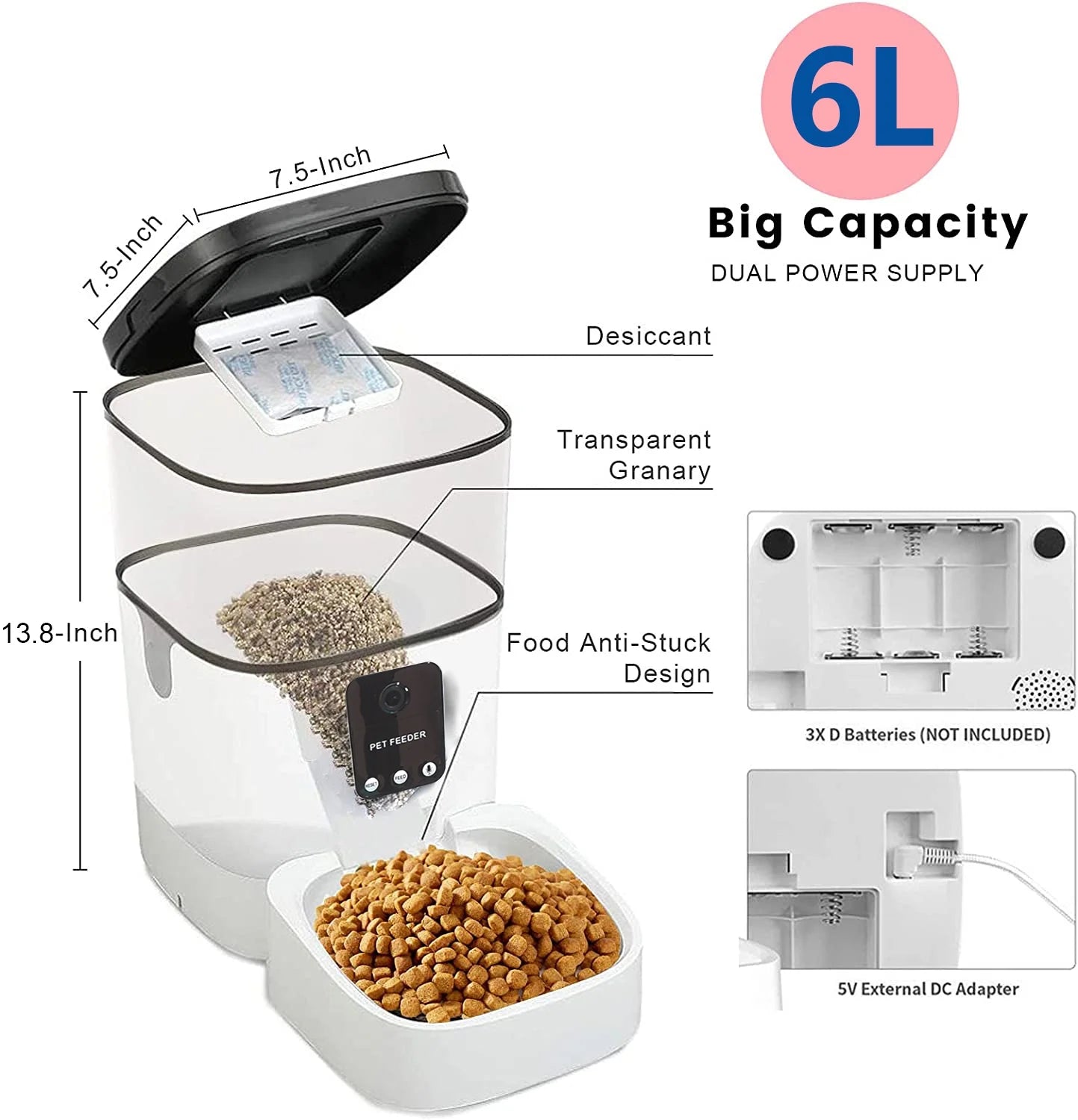 Automatic Pet Feeder 6L with 1080P Camera, App Control, Voice Recorder, and Dual Power Supply for Cats and Dogs