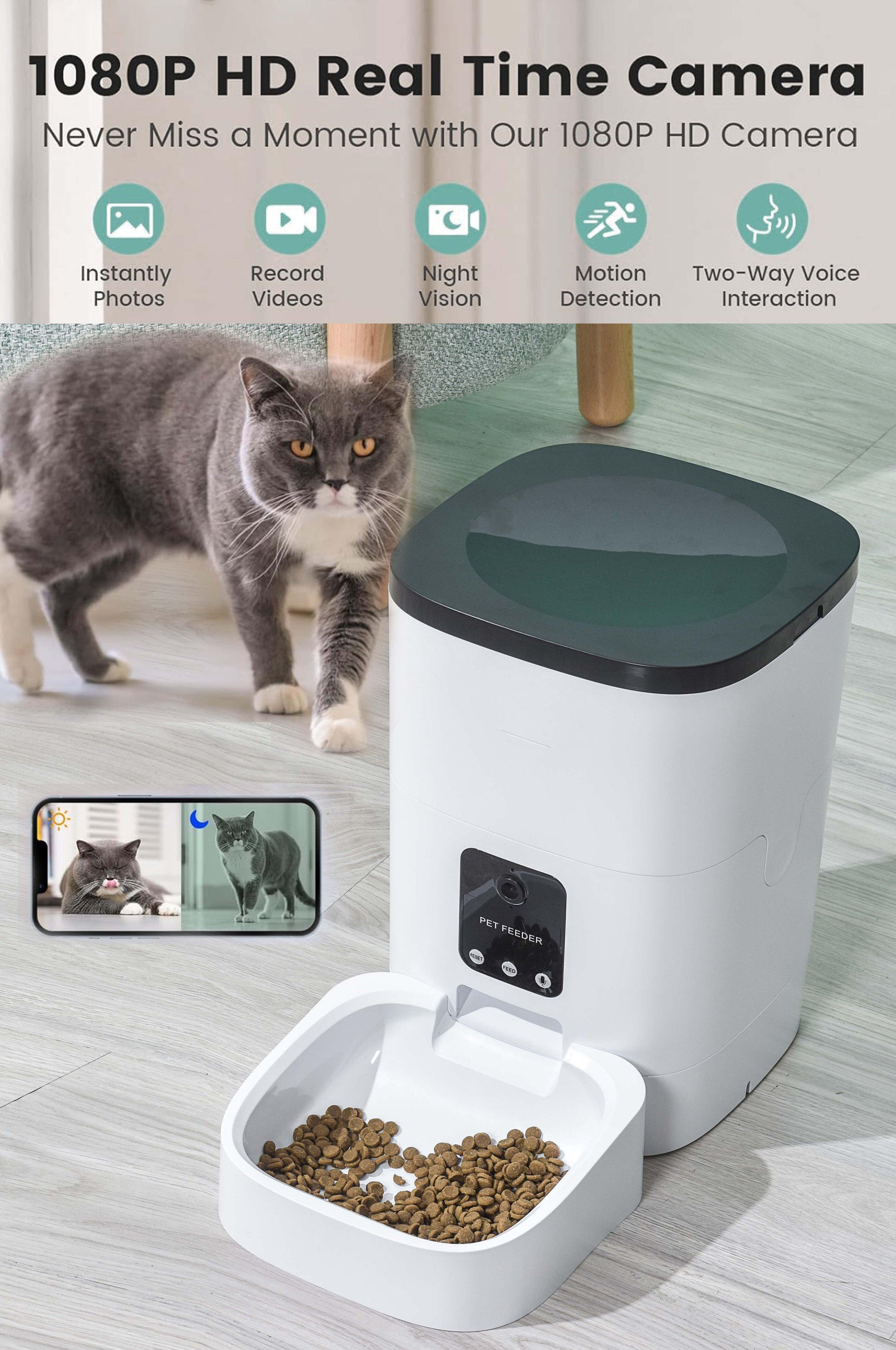 Automatic Pet Feeder 6L with 1080P Camera, App Control, Voice Recorder, and Dual Power Supply for Cats and Dogs